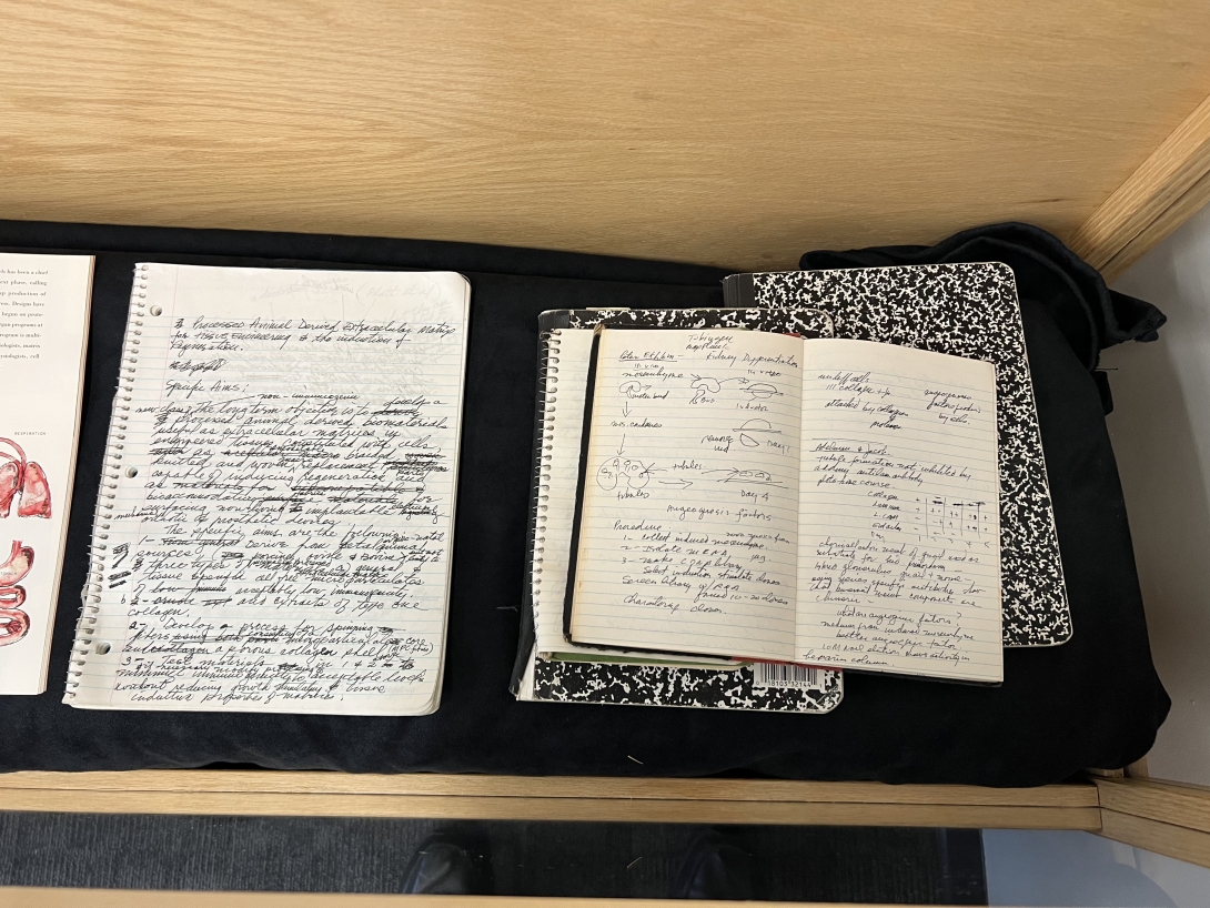 A Eugene Bell Exhibit filled with notebooks and artifacts were present in the Lillie Lobby during the day-long Bell Center Symposium. Credit: Matt Person
