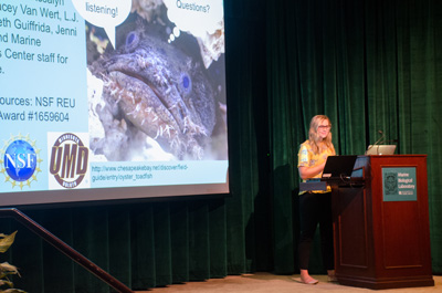 Alayna G. Mackiewicz of University of Minnesota, Duluth presents the results of her toadfish vocalization studies with Allen Mensinger, also of University of Minnesota, Duluth.