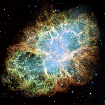 Crab Nebula, the result of a supernova seen in 1054 AD, imaged with the Hubble Space Telescope. Credit: NASA