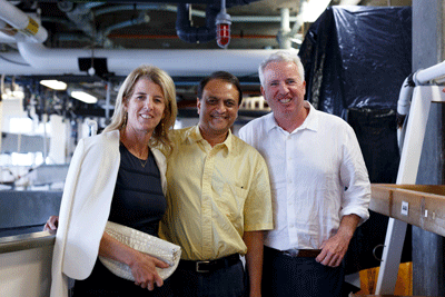 Rory Kennedy, MBL Director Nipam Patel, and Chris Kennedy visit the MBL's Marine Resources Center. Credit: Dee Sullivan