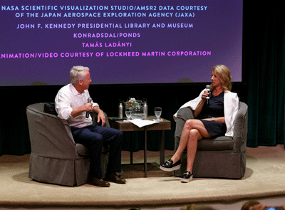 MBL Trustee Chris Kennedy interviews his sister, Rory, about her NASA documentary in MBL's Lillie Auditorium. Credit: Dee Sullivan