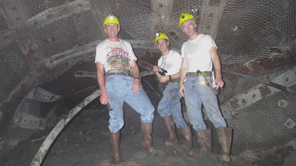 6.	At the bottom of the Homestake Mine in South Dakota, ca. 2001. At the time, this gold mine was the deepest in the Western hemisphere and thus one of the deepest places to sample for underground microbes. Credit: Rick Colwell