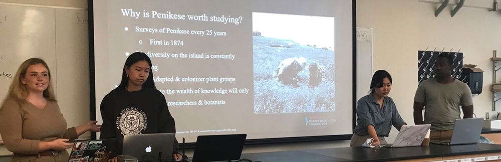 UChicago students present their Penikese Island vegetation survey to fellow MBL September course students. Left to right: Sophie Hartley, Ally Cong, Patricia Zito, Kaji Lungu.