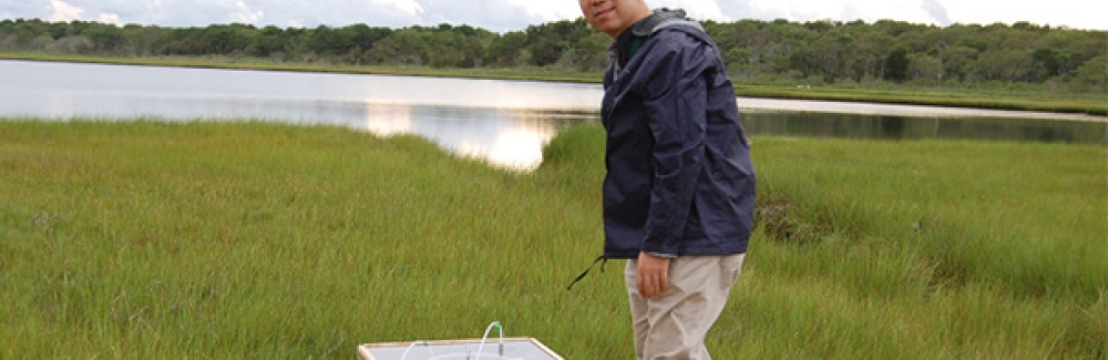 Jianwu Tang measures greenhouse gas emissions from a salt marsh on Cape Cod, Massachusetts in 2013. Credit: Jianwu Tang