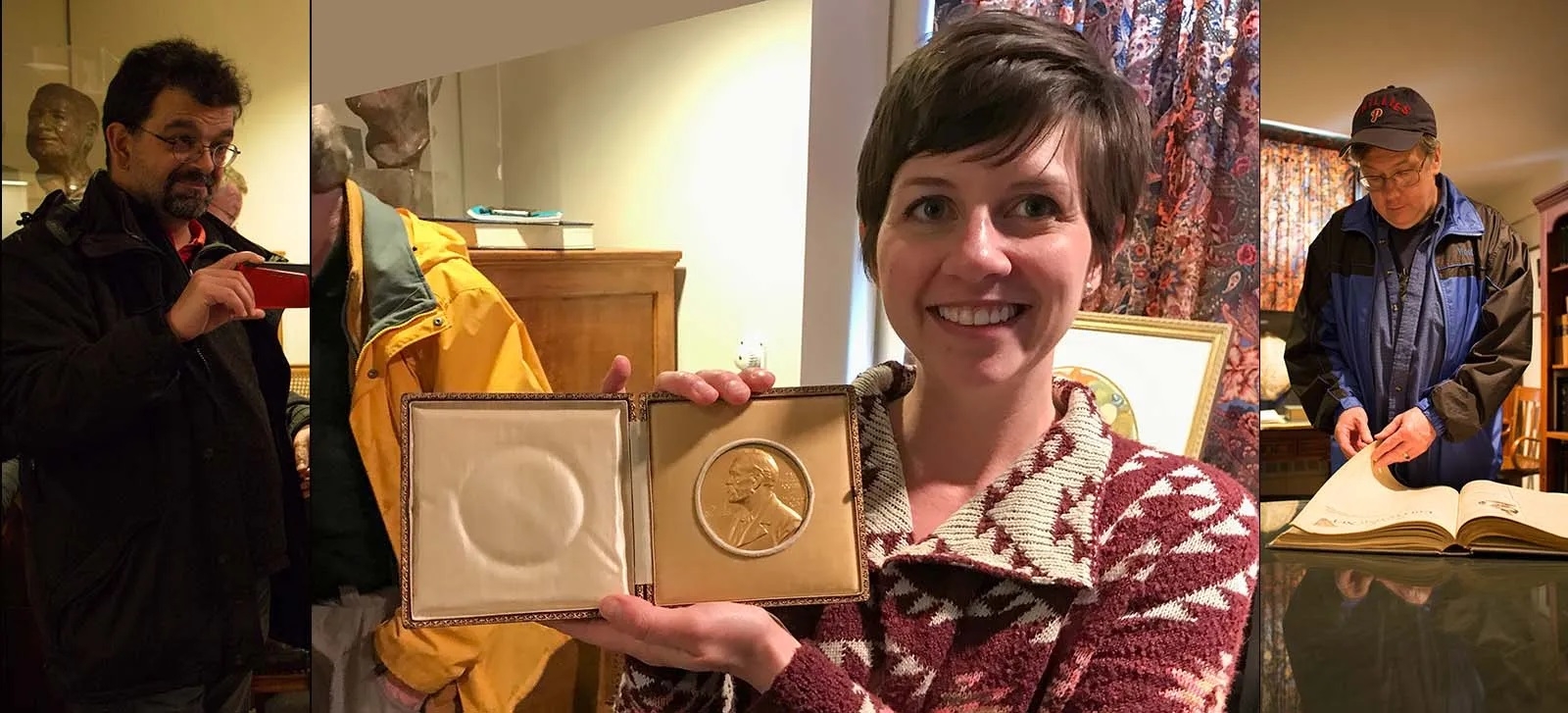 In the MBL-WHOI library’s rare books room: Fabio Turone, Bettina Urcuioli celebrating her Nobel Prize (well, probably T.H. Morgan’s), Mark Wolverton. 