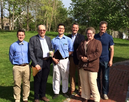 Photo caption: Teachers from the University of Chicago Laboratory Schools visited the MBL last week. From left: Daniel Calleri, Science Department faculty and biology instructor; MBL Director of Education Bill Reznikoff; Michael Wong, science teacher; Scott Fech, principal, University High School; Sharon Housinger, science teacher; and Joel Smith, MBL Associate Director of Education. Credit: Jonathan Gitlin