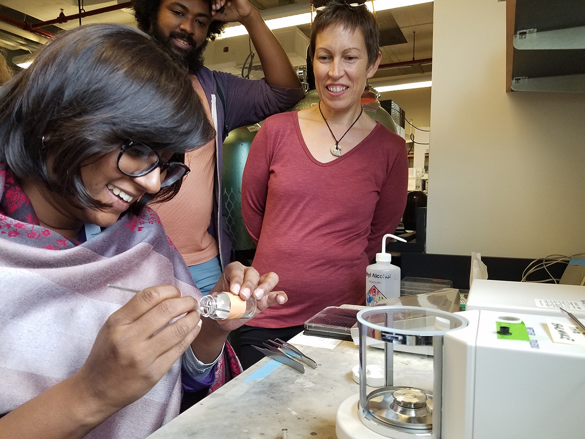 Environmental Fellows (from left) Suzanna Masih, Drew Costley, and Lorelei Goff perform analyses on samples collected from estuaries. 