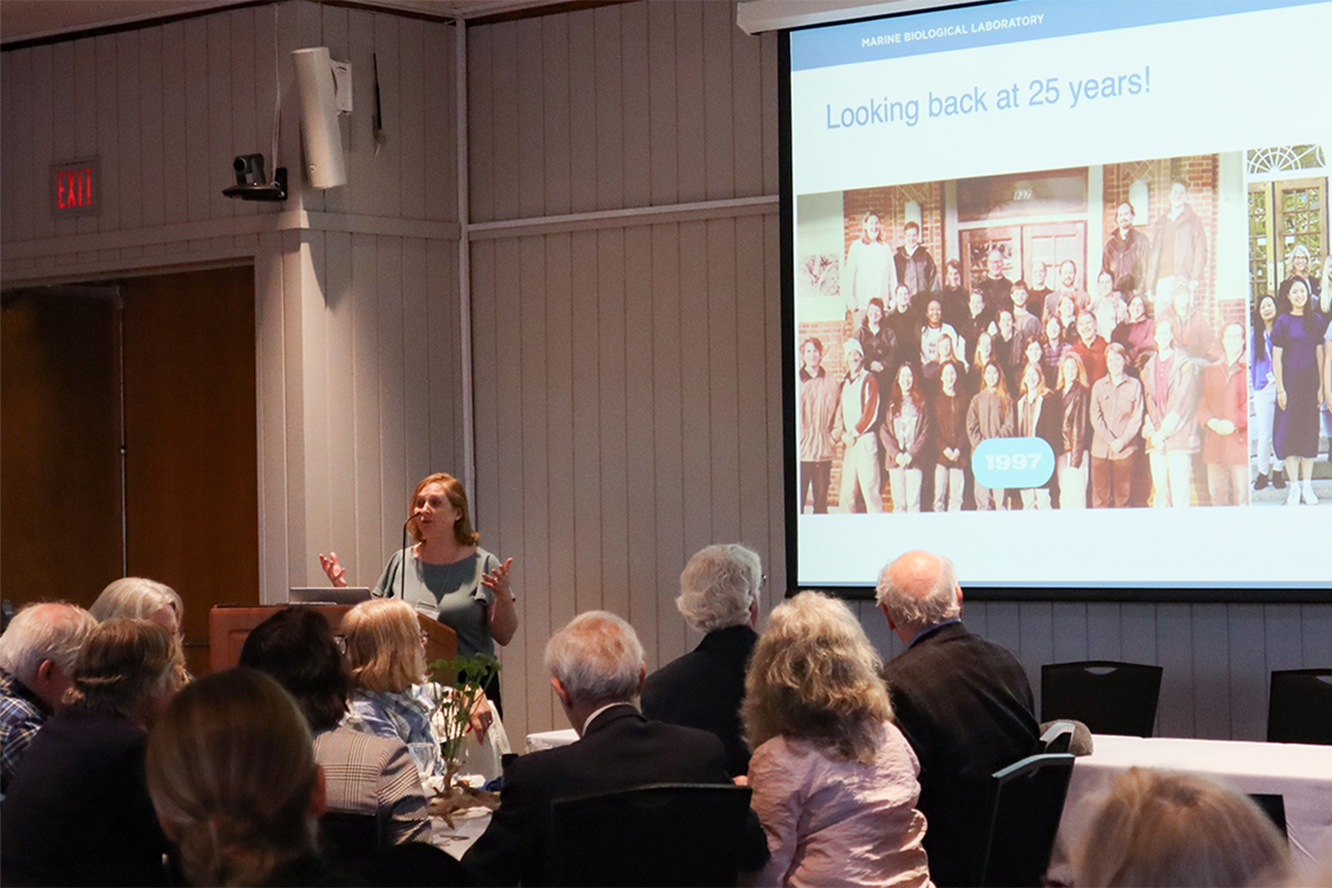 SES Director Mirta Teichberg speaks during a dinner at the SES/SBD Symposium.