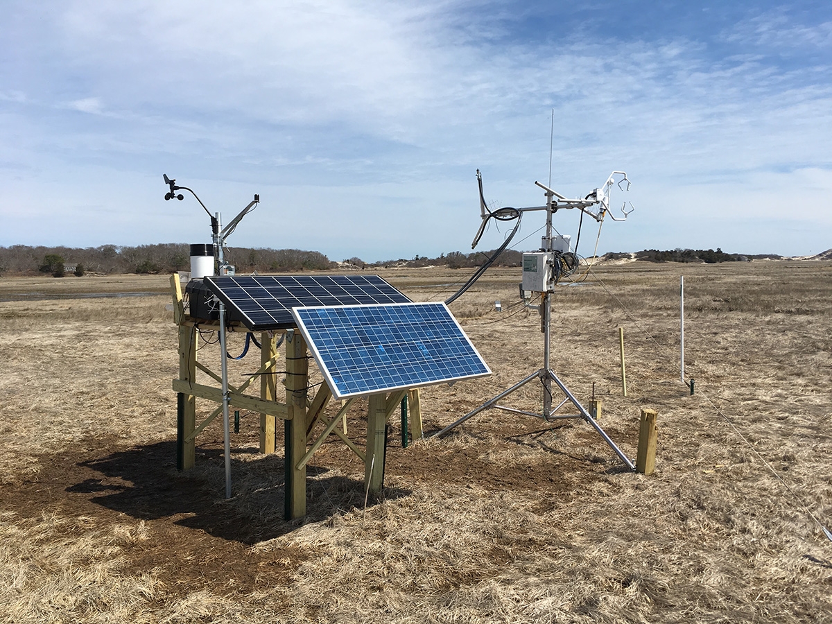 Carbon dioxide measurement system installed in Wellfleet, Mass. The system is powered by solar panels that charge a series of batteries and all data is automatically recorded.