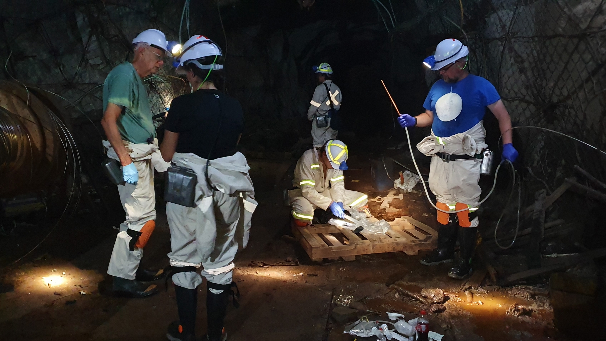 The geomicrobiologists are sampling the brines from tubes that reach all the way down to the sealed borehole. The rock in this depth, and also the brine, is more than 30°C warm due to the heat coming from Earths mantle. The brine is pressurized, extremely salty and saturated with gases. It bubbles out of the hose like soda and is difficult to handle. (Image credit: Julio Castillo Hernandez)