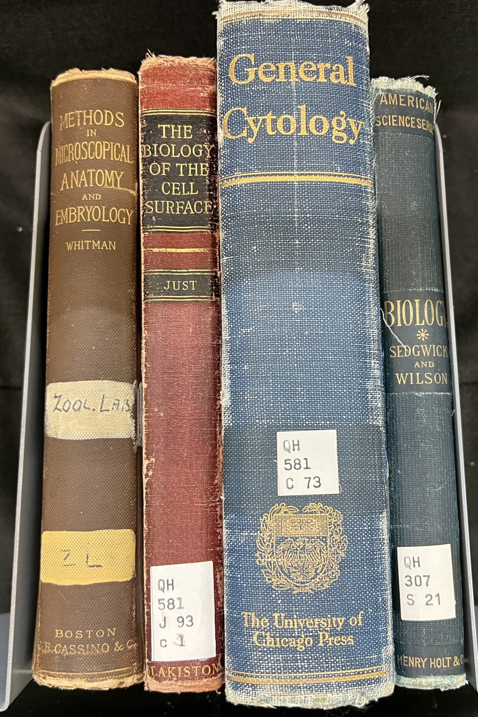 Four old books stacked next to each other