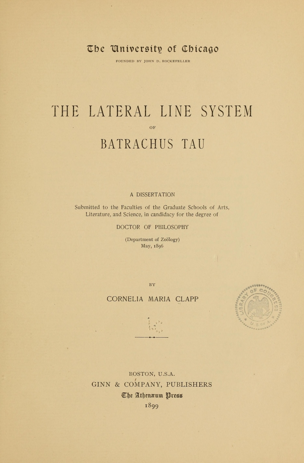 Clapp Dissertation "The Lateral Line System" in 1899